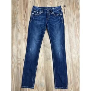 Miss Me Skinny blue denim jeans size 27 Distressed Thick Stitch EUC